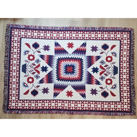 Woven Blanket Wall Hanging Patriotic Red White Blue Fringed Flowers Patchwork - Picture 1 of 14